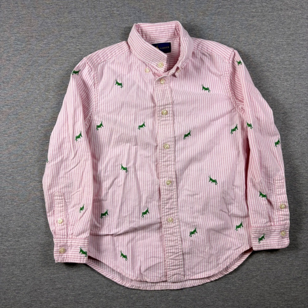 Ralph Lauren Shirt Boys 6 Pink Stripe Grasshopper Embroidered Button Down